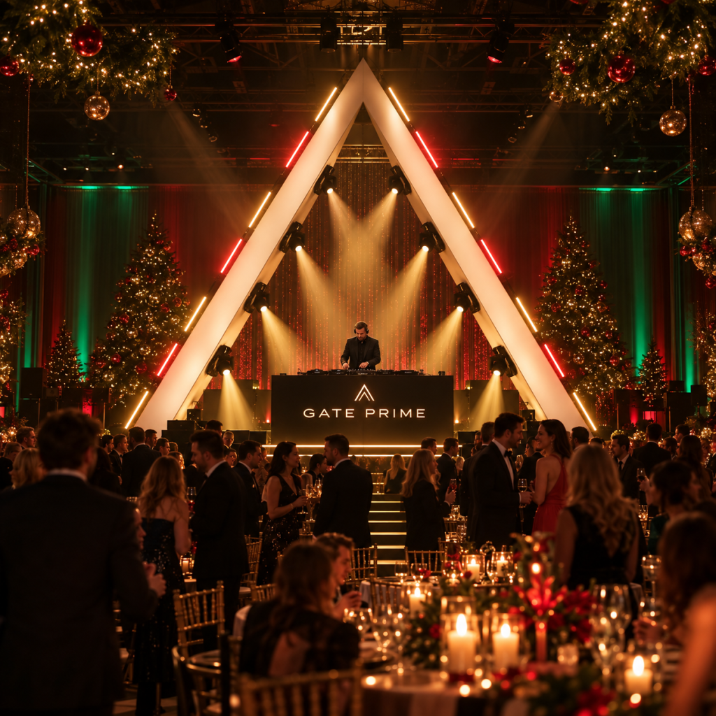 Festa de Natal para empresas com DJ e produção técnica GATE PRIME em sala de eventos