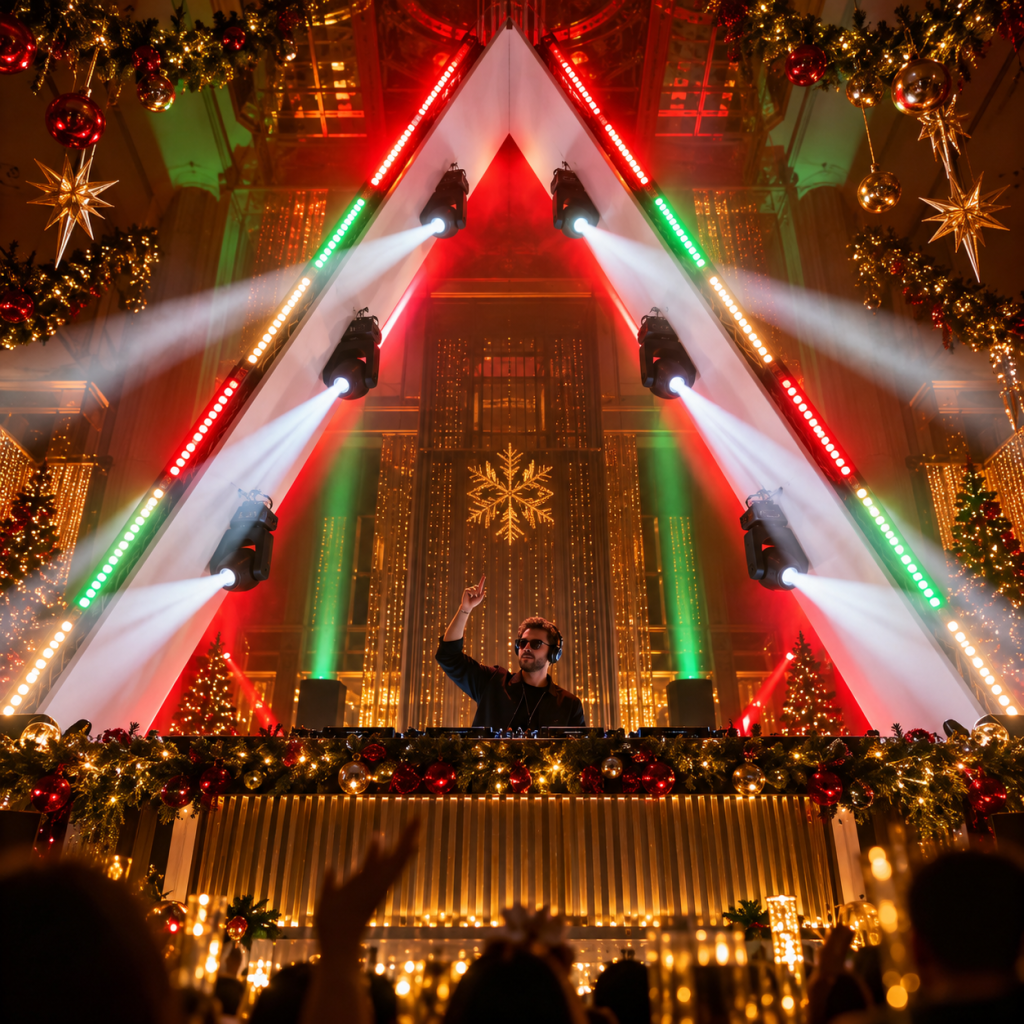 GATE PRIME para festa de Natal para empresas com estrutura triangular iluminada, DJ e luzes de Natal