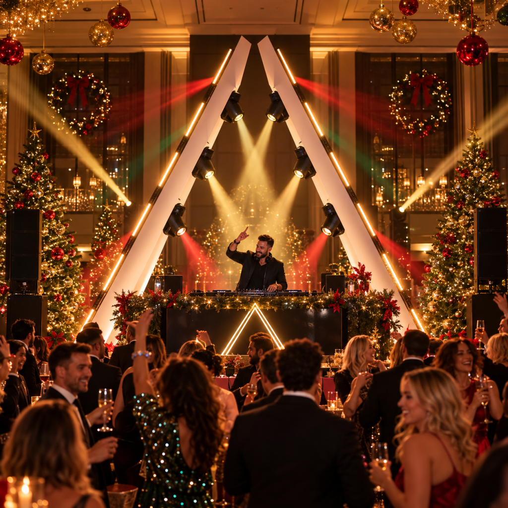 DJ ao vivo em festa de Natal para empresas com iluminação profissional e ambiente corporate elegante